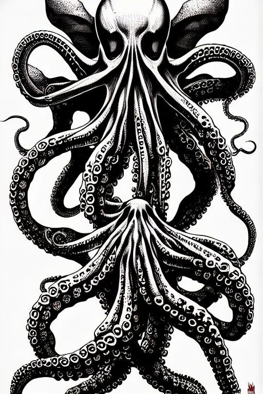 Image similar to side view of an octopus sitting on pile of skulls, high details, bold line art, by vincent di fate and joe fenton, inking, etching, screen print, masterpiece, trending on artstation, sharp, high contrast, hyper - detailed, hd, 4 k, 8 k