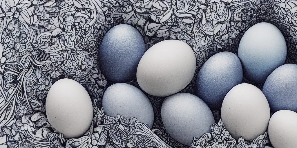 Image similar to an ultra - detailed pen drawing of smurfettes and color eggs.