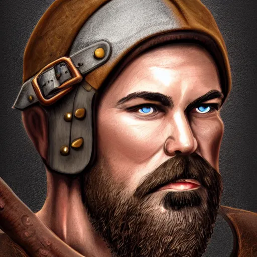 Image similar to portrait, 50 years old man :: short, stocky build :: dark, short hair and a whisker :: medieval leather workwear :: lumberjack axe :: high detail, digital art, fantasy, RPG, concept art, illustration