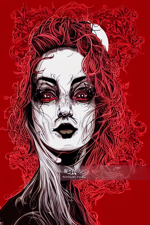 Image similar to close up portrait of a dark witch in front of the full big moon, red background, vector graphic, .eps, .ai, Adobe Illustrator, clear lines and clear shapes, intricate, 8k highly professionally detailed, HDR, CGsociety