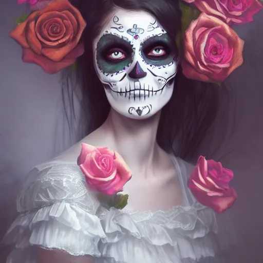 Prompt: a cute young woman, dia de los muertos makeup, day of the dead outfit, decorative roses, by wlop and greg rutkowski, magical atmosphere, octane render, trending on artstation, hyperdetailed face, cinematic, hyper realism