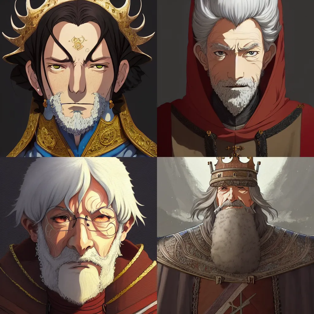 Prompt: portrait of a medieval old king, artstation, cartoon, elegant, highly detailed, digital painting, clean! outstanding! art by ghibli, makoto shinkai, fujita goro, giraud!!!!!, akihiko yoshida, fadeev 8 k