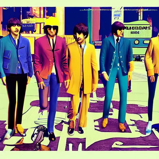 Prompt: The Beatles (1967) in GTA V, cover art by Stephen Bliss, artstation, no text