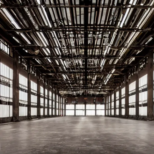 Prompt: interior of a large hstoric industrial hall with modern sculptures inside, dramatic lighting, phase one photo,