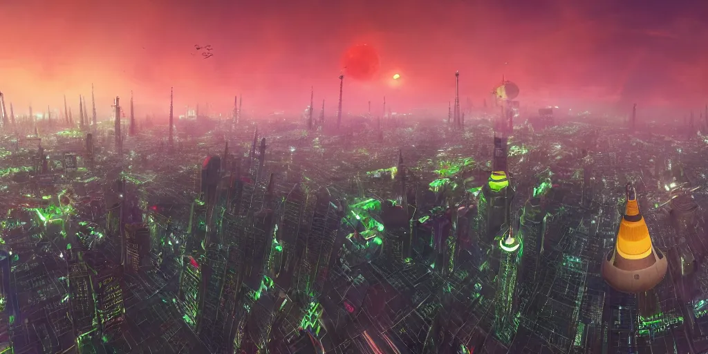 Image similar to big futuristic city like coruscant, with a yellow green smog sky, cinematic lighting, power plants with smoke, factories, tall metal towers, flying metal orbs with red lights, flying vehicles, a big moon in the sky, one blimp in the distance, hd 4k photo