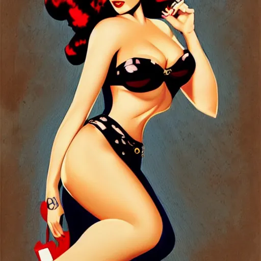 Prompt: a pinup illustration of megan fox in the style of gil elvgren and in the style of anna dittmann.