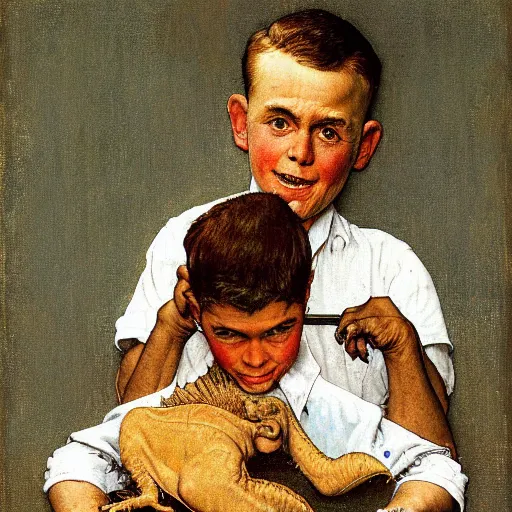 Image similar to a Norman Rockwell painting of a boy and his baby t-rex