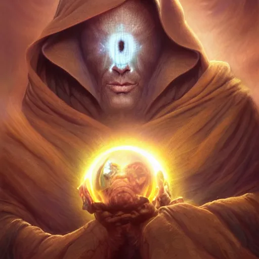 Image similar to masked nomad male wearing a cloak on an alien world and holding a holographic planet projection in his hand, detailed, sci - fi, digital painting, artstation, sharp focus, illustration, ominous, artgerm, tomasz alen kopera, peter mohrbacher, donato giancola, joseph christian leyendecker, wlop, frank frazetta