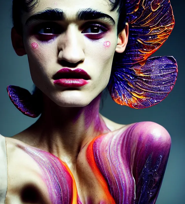 Image similar to photography facial portrait in a gaz station at night of seductive actress sofia boutella dressed by an organic looking dress from designer * iris van herpen *, with stylish colorfull makeup. intriguing soft back lighting, geisha tattoo, highly detailed, skin grain detail, photography by paolo roversi, nick knight, helmut newton, avedon, araki