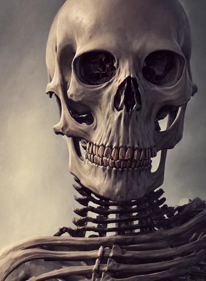 Image similar to a face portrait of a undead skeleton from skyrim, fantasy setting, beautiful environment, serene colors, soft lighting, atmospheric, cinematic, moody, in the style of diego koi, gina heyer, luiz escanuela, art by alyssa monk, hyperrealism, rule of thirds, golden ratio, oil on canvas, 8 k