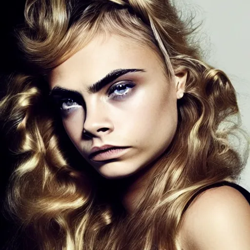 Prompt: photo of a gorgeous 20-year-old Cara Delevingne femme fatale waves hairstyle by Mario Testino, detailed, head shot, award winning, Sony a7R -