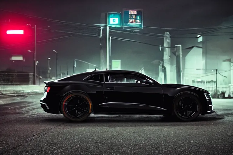 Image similar to widebody all black audi camaro b 9 ( 2 0 2 0 ), need for speed : carbon, at night, sci - fi, neon lines, phonk music background, smoke behind wheels, noise, dark, establishing shot, by simon stalenhag