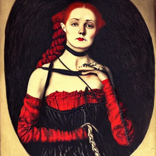 Image similar to dark portrait, death ultra red head woman in medieval dress, strangled with rope, bluish face, victorian style, high detail