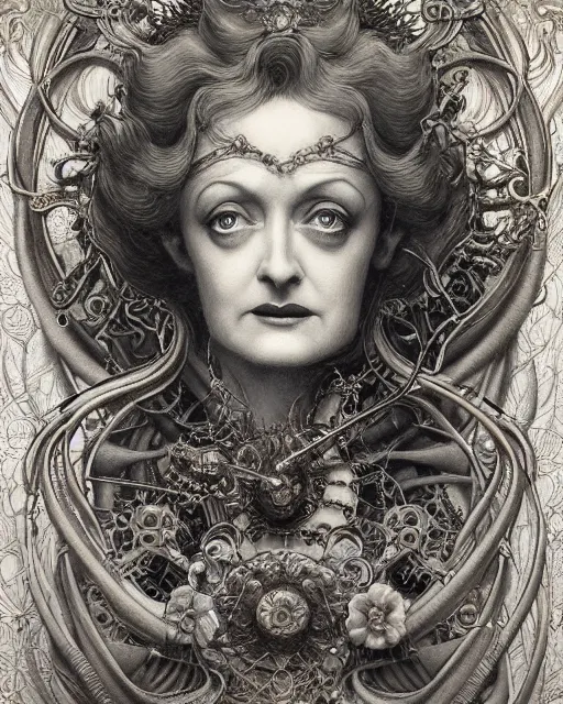 Prompt: in the style of beautiful bette davis, steampunk, detailed and intricate by jean delville, gustave dore and marco mazzoni, art nouveau, symbolist, visionary, gothic, pre - raphaelite colorful