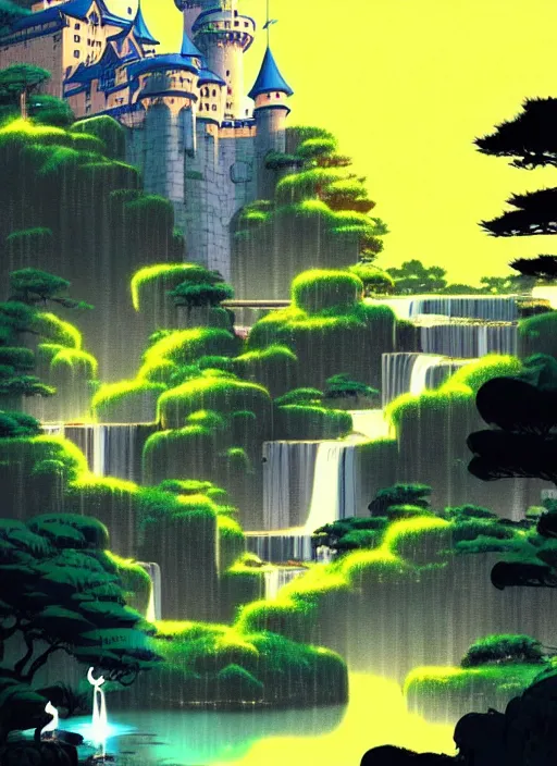 Prompt: magical castle, waterfall, river, nighttime, scenery wallpaper aesthetic, anime style, beautiful, cinematic, dramatic, super detailed and intricate, hyper realistic, by satoshi kon, by koson ohara, by darwyn cooke