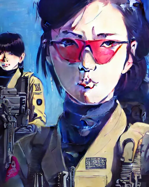 Image similar to girl wearing tactical gear, very anime, fine - face, audrey plaza, realistic shaded perfect face, fine details. anime. realistic shaded lighting poster by ilya kuvshinov katsuhiro otomo ghost - in - the - shell, magali villeneuve, artgerm, jeremy lipkin and michael garmash and rob rey