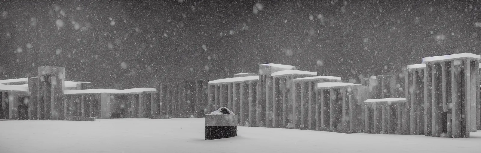 Image similar to snow falling on brutalist monastery, the monastery is on top of a black snowy mountain, the concrete monastery has walkways, skybridges, stairways, white marble statues on pedestals in the background, depth of field, sharp focus, clear focus, beautiful, award winning architecture, hopeful, quiet, calm, serene