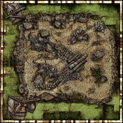 Prompt: RPG battlemap of a ruined battlefield, detailed, dark, realistic style