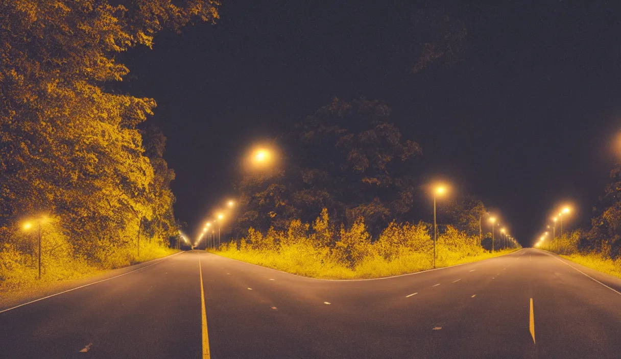 Prompt: at night, a large road extends into the distance, the leaves on both sides of the road are yellowed by the street lights, tranquility, film texture, super fine, 8 k