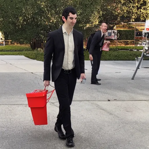 Prompt: nathan fielder walking around hell!!!!!! with a clipboard painted by lorenzo de'medici