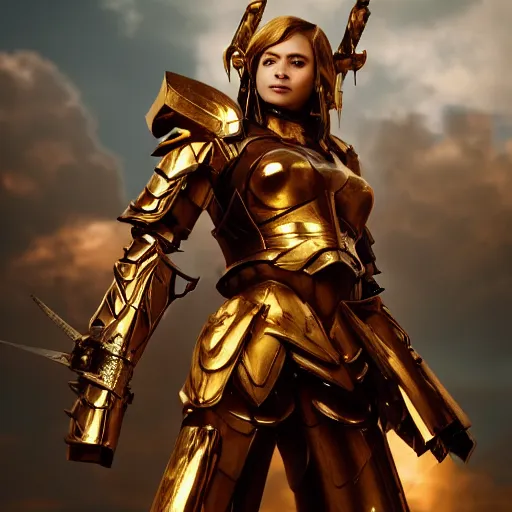 Image similar to picture of metal armored valkyrie, crimson plated, sword and shield, golden wings, divine vibes, light brown hair, white skin, shiny golden eyes, sky background, sharp focus, highly detailed, cinematic lighting, studio quality, smooth render, unreal engine 5 rendered, octane, rendered