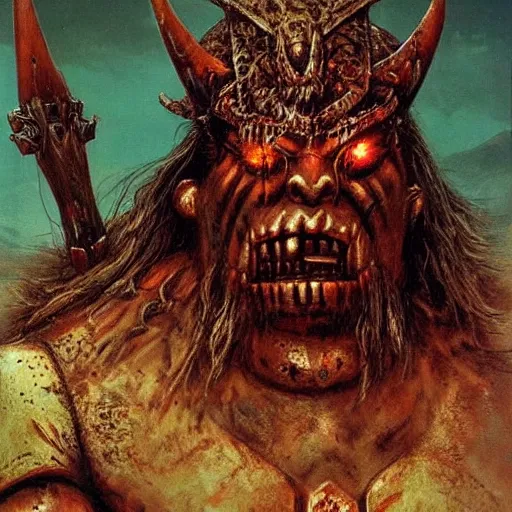 Image similar to warhammer orc feral chieftain, wearing tribal armor, bulky body, ogre head, tusked, beksinski