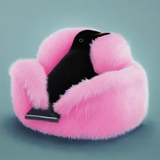 Image similar to one realistic penguin sitting in a pink fluffy bed, hyper detailed, trending on artstation