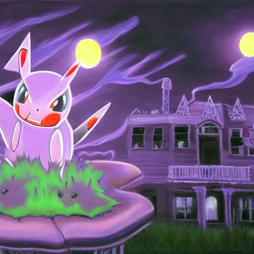 Image similar to hyperrealistic painting of pokemon lavender town, terrifying, purple dim light, ghosts flying