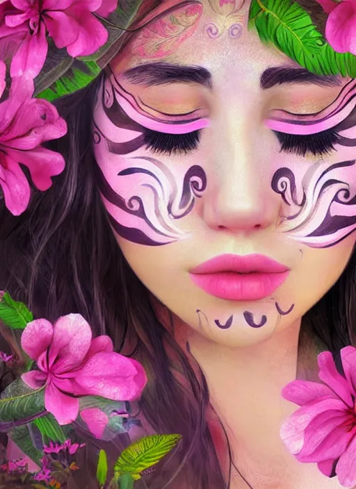 Image similar to a beautiful portrait of a beautiful woman with eyes closed in the jungle surrounded by pink flowers, tribal face paintings, matte painting, fantasy art