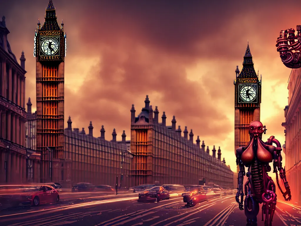 Image similar to a giant ancient beautiful cyborg of the elder gods with pipes and tubes in the city of London, an image of a beautiful cyborg, a beautiful cyborg, a cyborg, London streets with one bigben in the background, colourful, dramatic lighting, golden hour, very detailed octane render very realistic beautiful