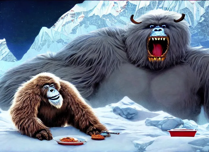 Prompt: a yeti eating at a fast food restaurant on the peak of mount everest, cosmic horror painting, elegant intricate digital painting artstation concept art by mark brooks and brad kunkle and norman rockwell extreme detail 4 k