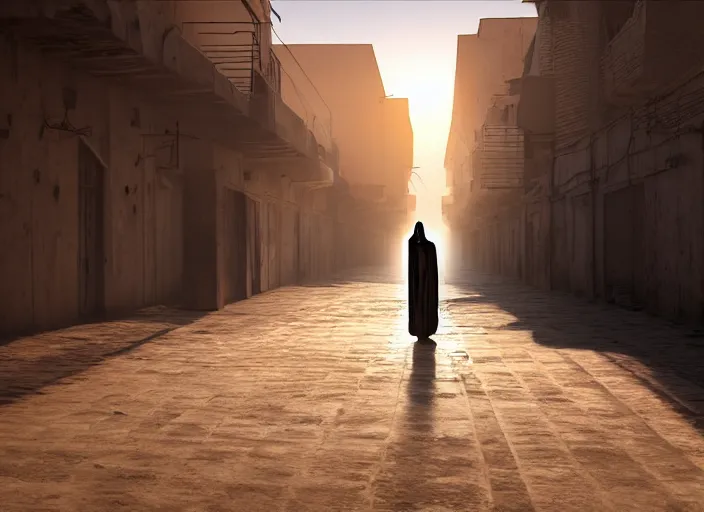 Image similar to old jeddah city alley, roshan, old shops, horse, magical glowing sand portal to another dimension, a man wearing a white robe standing watching over, dramatic lighting, dawn, by caspar david friedrich, unreal engine 5