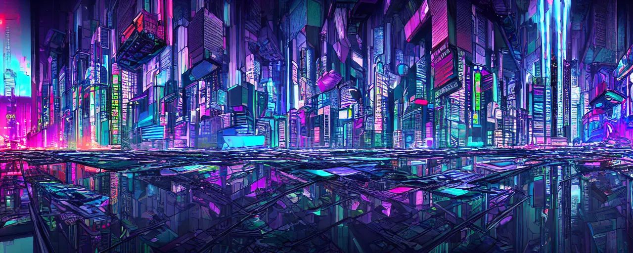 Prompt: equirectangular technicolor hyperpop cyberpunk cityscape, future perfect, award winning digital art