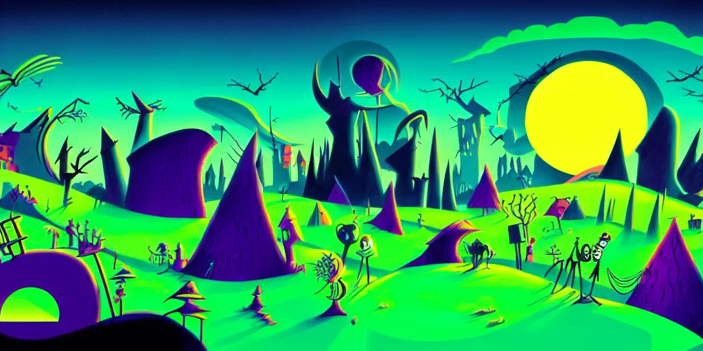 Image similar to a cartoon night landscape game background in art deco surrealism, artstation, nightmare before christmas, black green blue magenta