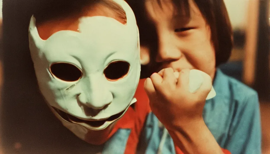 Prompt: a 7 0 s film still from a horror movie of a boy wearing a hannya mask, kodachrome, cinecolor, cinestill, film grain, film texture, retro, cinematic, high resolution, photorealism,