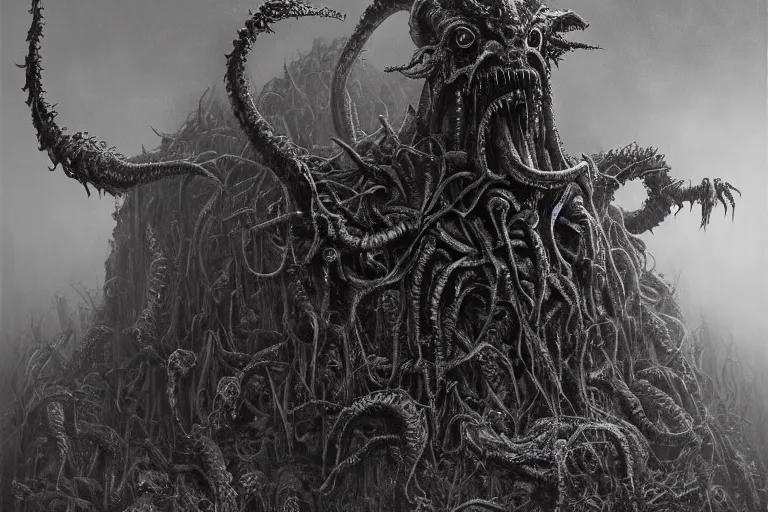 Prompt: Haunting horrifying hyperrealistic detailed painting of a demon creature creature sitting atop a giant throne of spikes in a foggy hellscape, dystopian feel, heavy metal, disgusting, creepy, unsettling, in the style of Michael Whelan and Zdzisław Beksiński, lovecraftian, hyper detailed, trending on Artstation