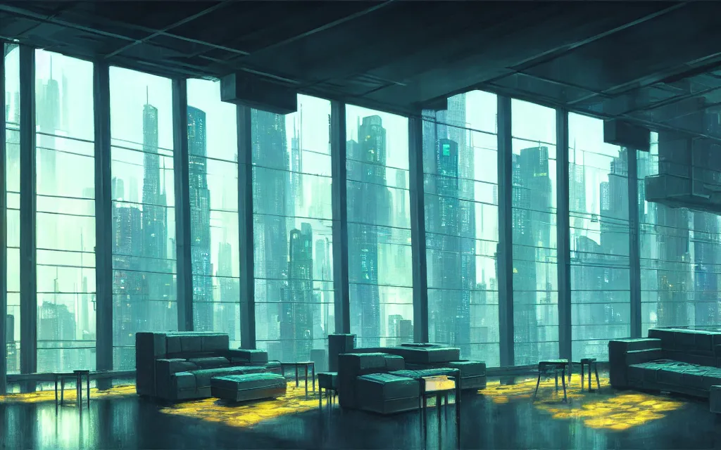 Image similar to cyberpunk loft lounge with tall windows, no people, city in background, drawn by feng zhu, sparse plants, dim painterly lighting volumetric aquatics, impasto