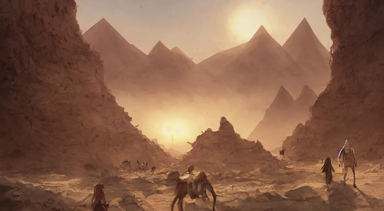 Image similar to egyptian landscape, desert, zombies, by studio ghibli and greg rutkowski,