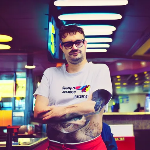 Prompt: poseidon portrait working in a fast food restaurant, in a cinematic cyberpunk style, 3 5 mm