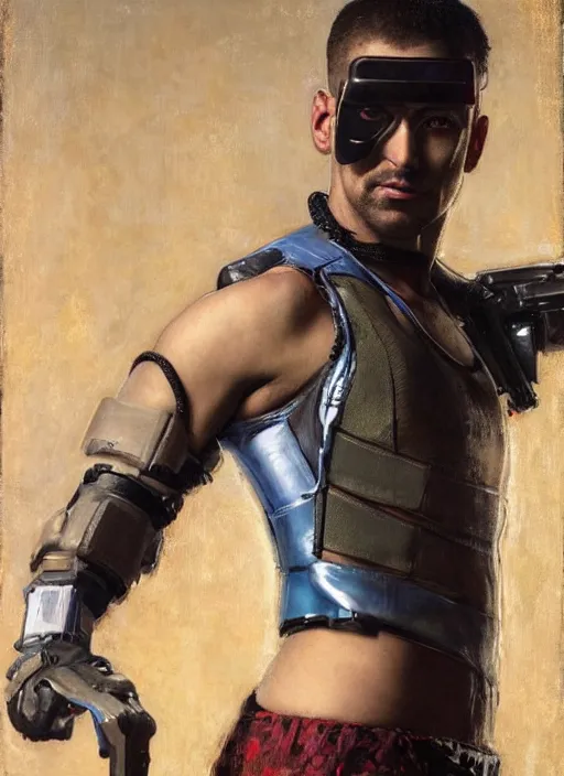 Image similar to big mike. cyberpunk gymnast wearing a military vest and combat gear. (Cyberpunk 2077, bladerunner 2049). Round face. Iranian orientalist portrait by john william waterhouse and Edwin Longsden Long and Theodore Ralli and Nasreddine Dinet, oil on canvas. Cinematic, hyper realism, realistic proportions, dramatic lighting, high detail 4k