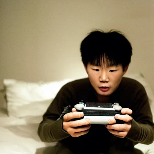 Image similar to hyperralism photography of detailed kim chen playing xbox in basement bedroom by araki hobuyoshi