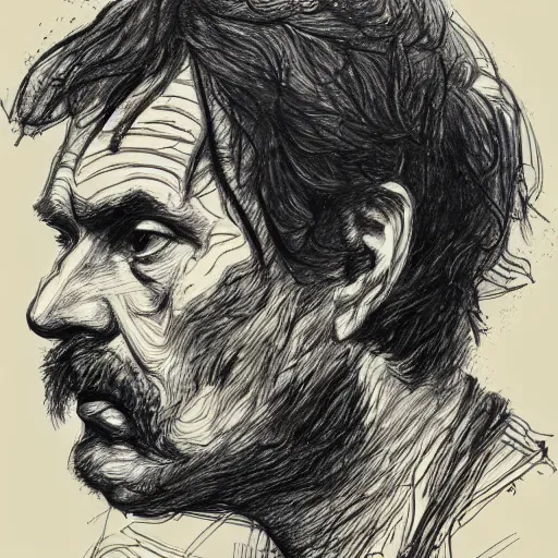 Image similar to a realistic yet scraggly portrait sketch of the side profile of a stern and sophisticated jonny greenwood, trending on artstation, intricate details, in the style of frank auerbach, in the style of sergio aragones, in the style of martin ansin, in the style of david aja, in the style of mattias adolfsson