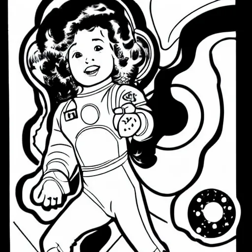 Prompt: clean simple line art of a little girl with wavy curly hair floating in space. she is an astronaut, wearing a space suit. white background. well composed, clean black and white line drawing, beautiful detailed face. illustration by steve ditko and jack kirby and alphonse mucha