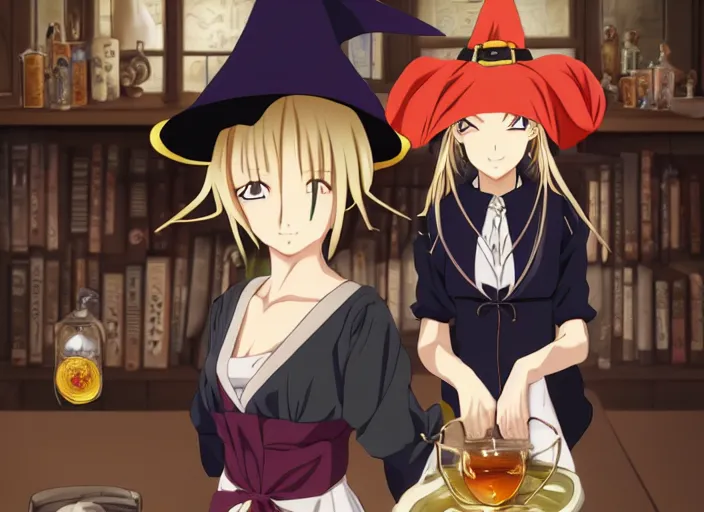 Prompt: anime visual, portrait of a young female wearing a witch hat in a alchemist's potion shop interior, cute face by katsura masakazu and yoh yoshinari,, cinematic luts, dynamic pose, dynamic perspective, strong silhouette, anime cels, ilya kuvshinov, crisp and sharp, rounded eyes, moody, genshin impact colors and costumes