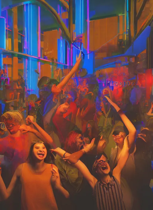 Image similar to Detailed vivid photo of happy, kind, exuberant people riot-partying in virtual urban warehouse, dreamy soft neon lights, 3d octane render, film look, realistic, photo, detailed, patriotic, highly detailed, sharp focus, leica, zeiss, kodak film look, digital illustration, digital painting, concept art, hyper detailed, illustration, fantasy, art by artgerm and greg rutkowski and alphonse mucha, dynamic lighting, art by peter mohrbacher on artstation, night mood, Moebius, Greg Rutkowski, Zabrocki, Karlkka, Jayison Devadas, Phuoc Quan, zenith view, cyberpunk pincushion lens effect