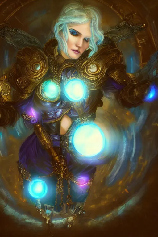 Image similar to Path of Exile, Maven, blue eyes female image with silver purple hair among colourful lights, dark blue spheres fly around, Anachronism, painting, dark fantasy, steampunk, 4k