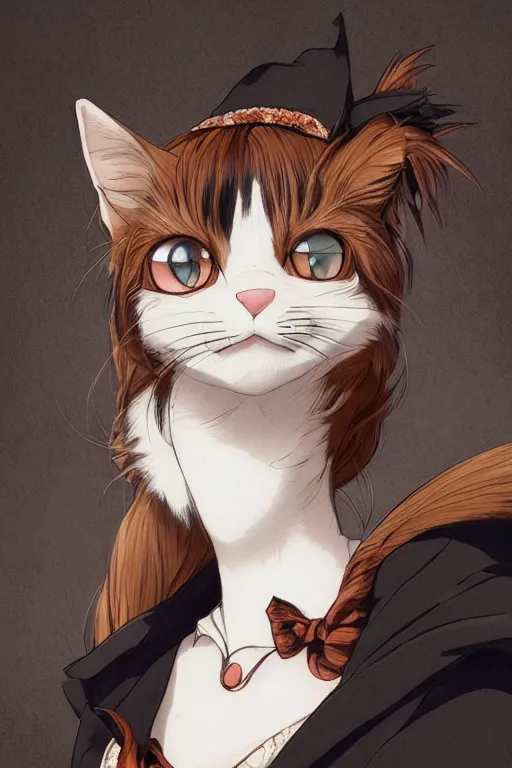 Image similar to portrait of a calico cat wearing victorian dress, fursona, furry art, anthro, detailed fur, detailed dress, delicate, pure, portrait, makoto shinkai