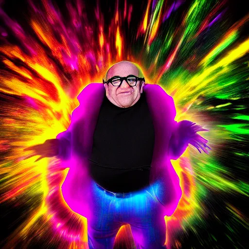 Prompt: Psychadelic DSLR photo Danny Devito going Super Saiyan