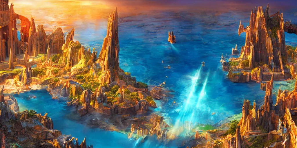 Prompt: Atlantis in all its glory, extremely detailed digital matte painting, golden hour, vibrant, sunbeams, stunning lighting