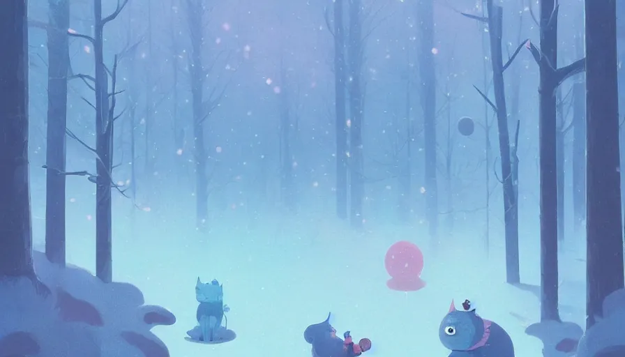 Prompt: a beautiful highly detailed matte painting of cute monsters in a snowy forest by atey ghailan, cliff chiang, loish and goro fujita, white, blue, pink and cyan mystical tones, featured on artstation, featured on behance, grunge aesthetic